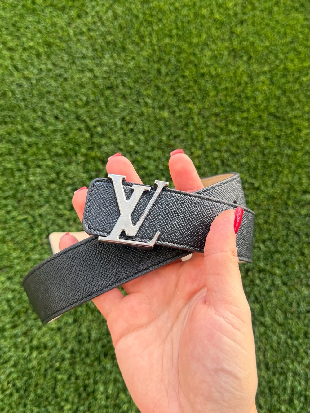 Louis Vuitton Black Leather Belt with Silver LV Buckles